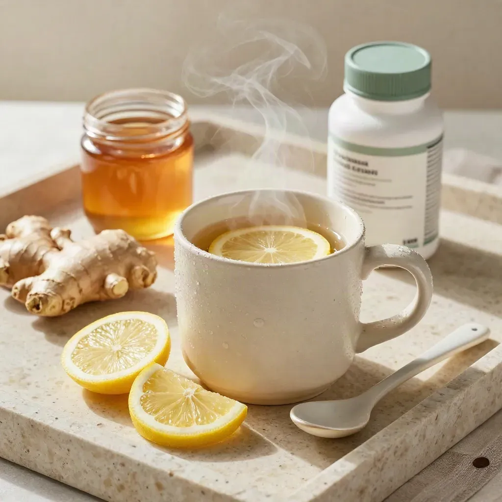 Mug fumante con limone, zenzero, miele e integratore su travertino chiaro