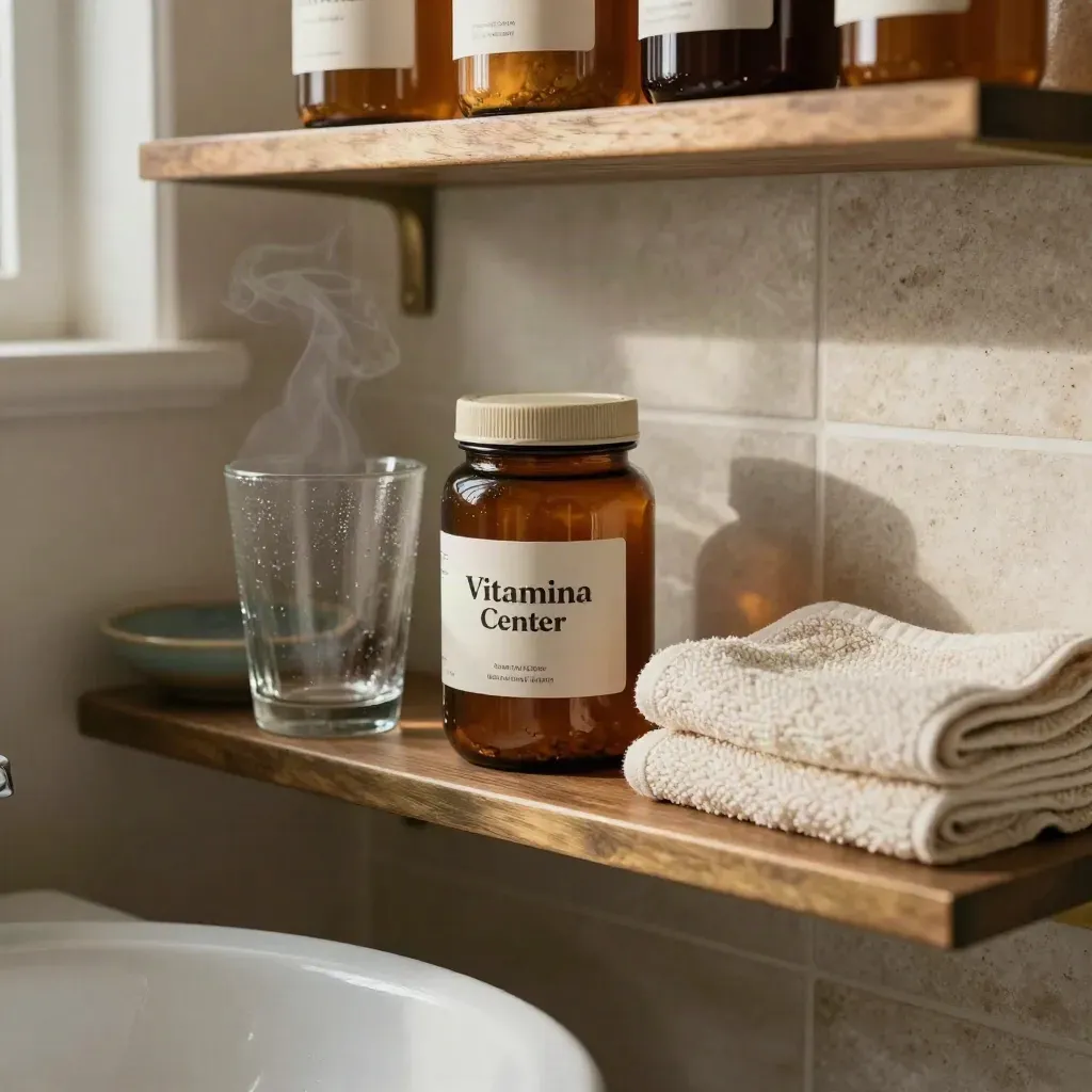 Mensola del bagno con integratori, bicchiere con condensa, asciugamano piegato e ciotola in ceramica.