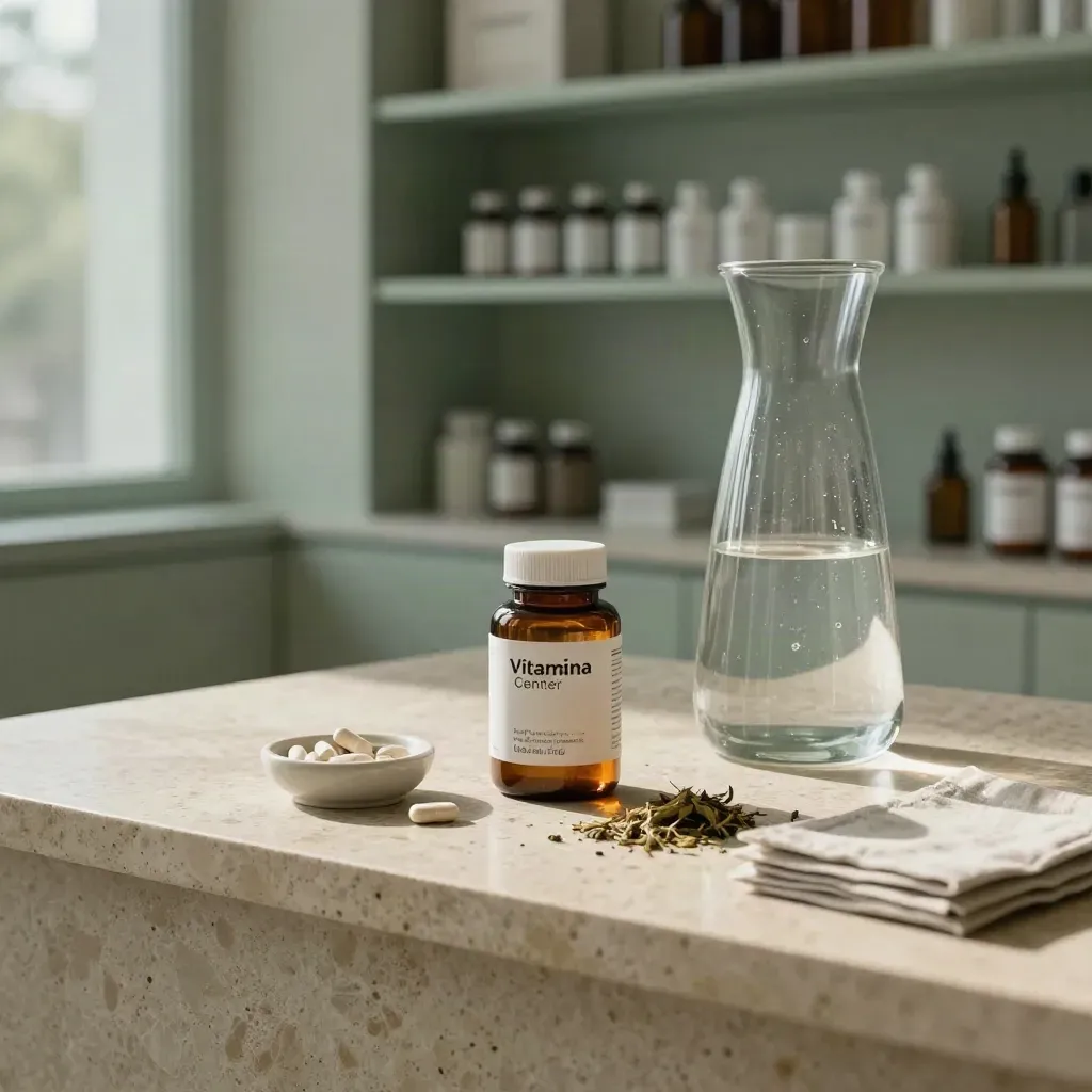 Interno clinico con barattoli di integratori, caraffa d’acqua ed erbe su banco in travertino.