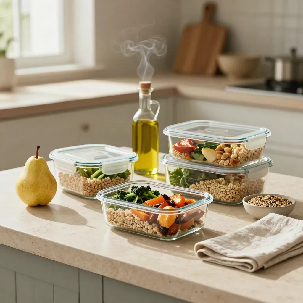 Contenitori meal-prep con pera, olio, semi e lino su piano cucina luminoso.