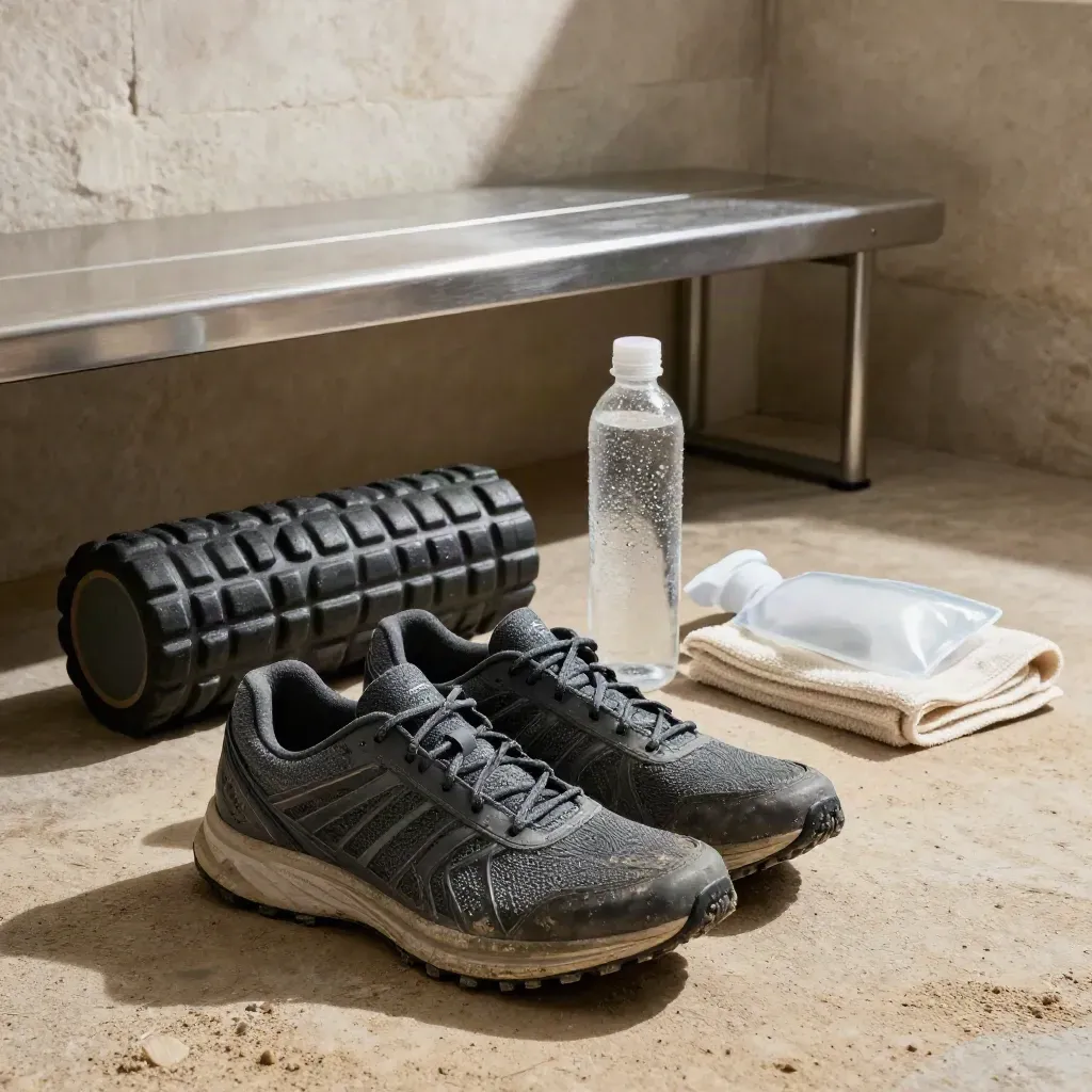 Stazione di recupero per runner con scarpe, foam roller, borraccia, asciugamano e ghiaccio, in luce naturale.