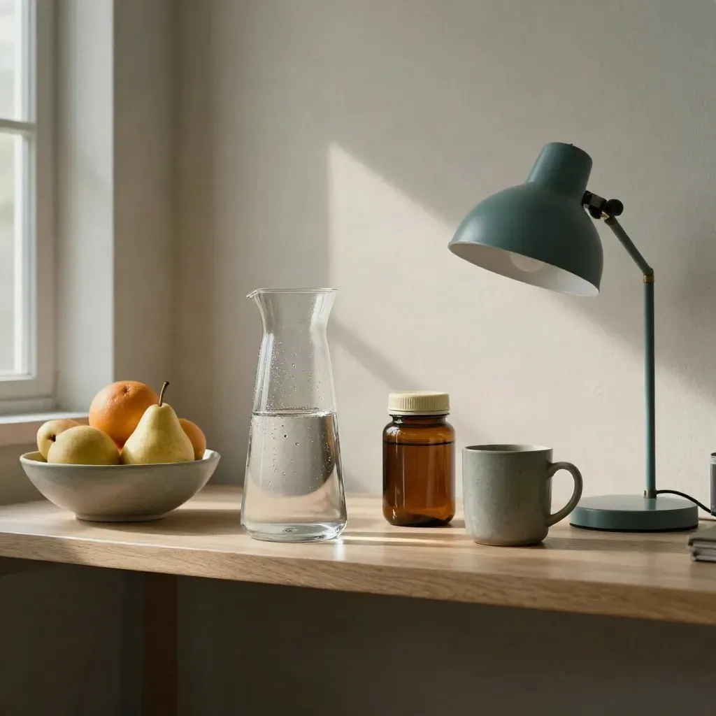 Mensola ufficio con caraffa d’acqua, frutta, barattolo di integratori, tazza e lampada.