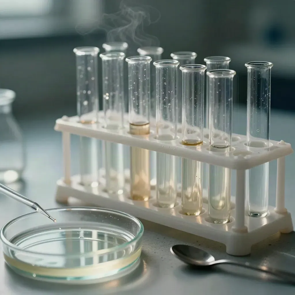 Provette, pipetta e piastra di Petri in macro su banco di laboratorio.