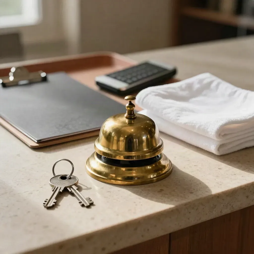 Campanello in ottone, chiavi, clipboard e telefono su banco reception in pietra chiara.