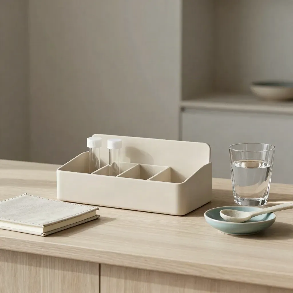 Organizer di capsule, fiale campione, quaderno chiuso e bicchiere d’acqua su legno chiaro