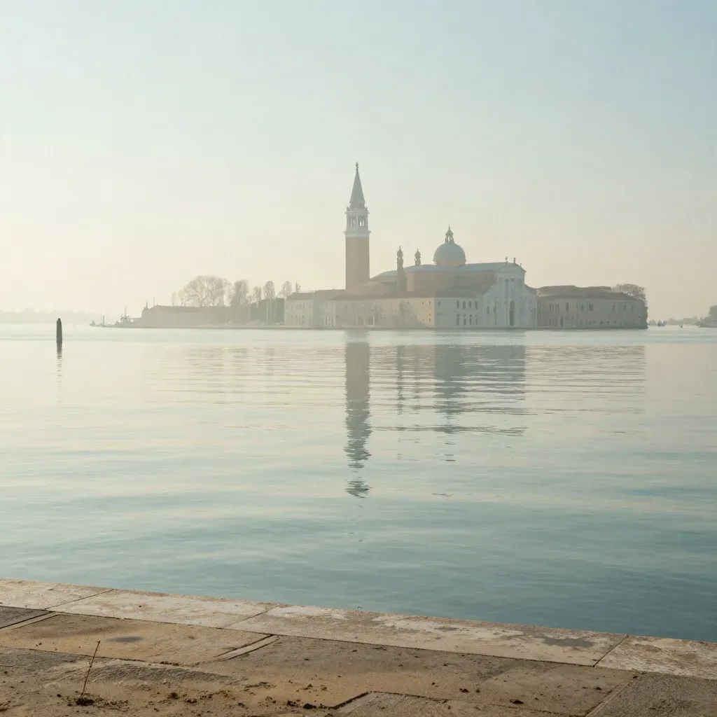 Laguna veneta con campanile lontano e palazzi pallidi sopra acqua calma e foschia dorata